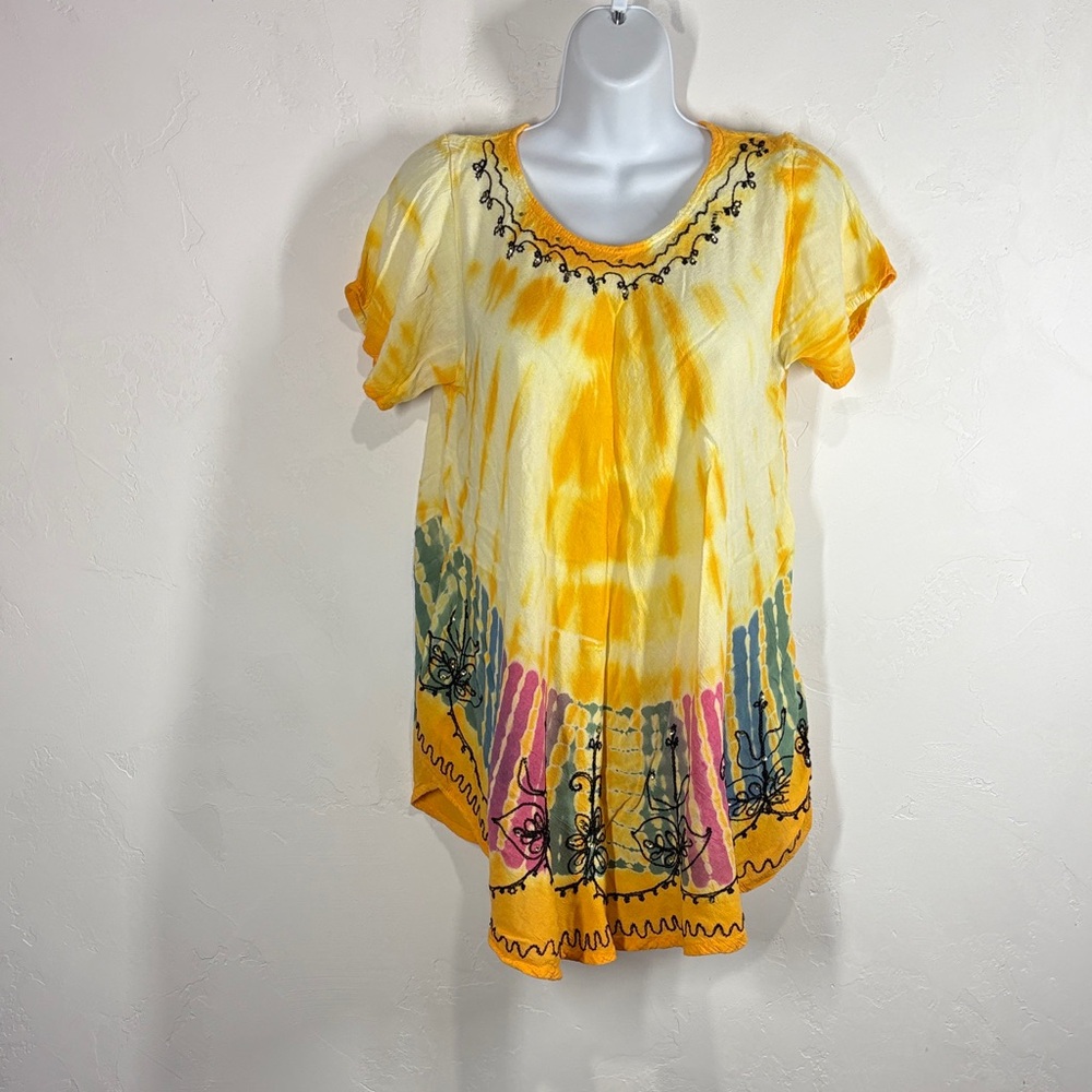 Sunflower Embroidered Yellow Tie-Dye Women's Top size free size